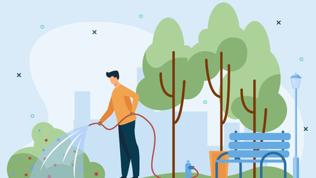 Illustration of a man watering a bush in a park