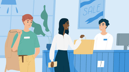 Illustration of three people in a shop, one of them standing behind a checkout desk and the other two standing next to each other - one of them is holding a shopping bag and the other person is holding his coat over his shoulder