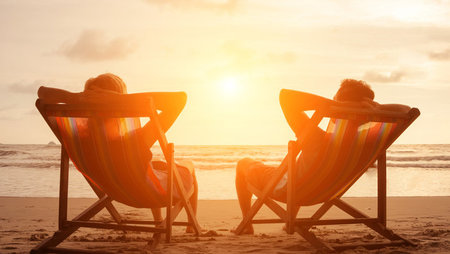 A young couple sitting in deck chairs on the beach and watching the sunset