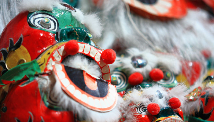 Close-up of a Chinese lion head during celebrations
