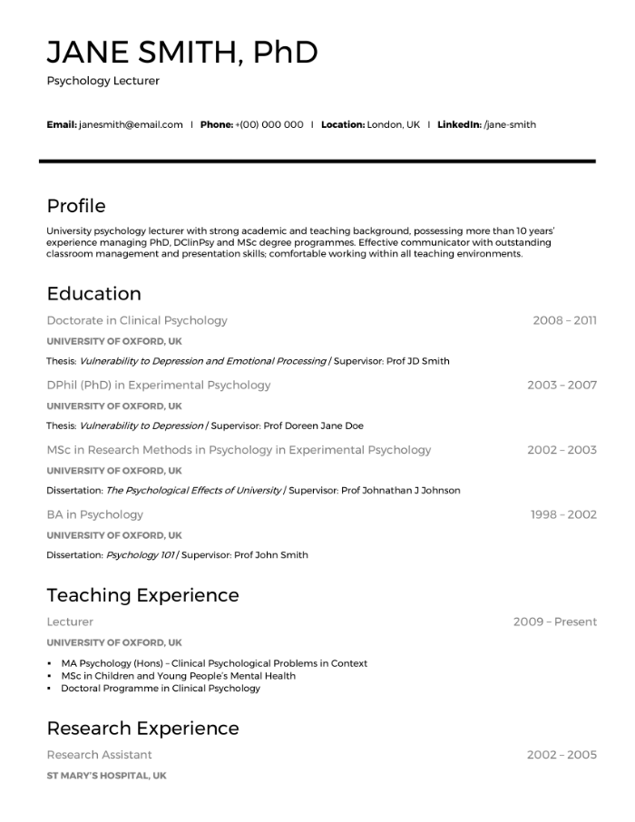 Academic CV résumé example