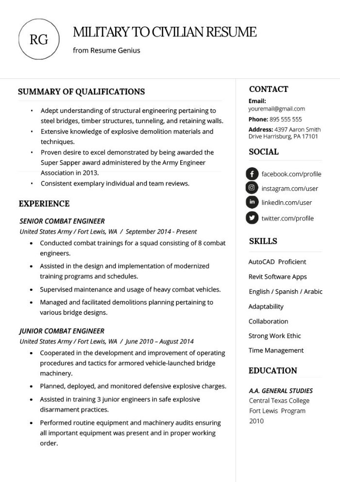 Military CV résumé example