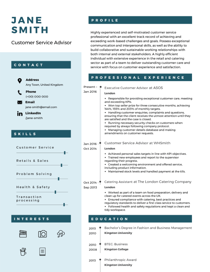 Customer service CV résumé example