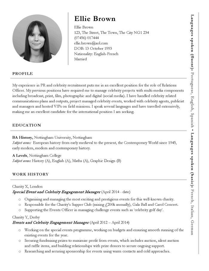 International CV résumé example