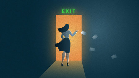 Illustration of a woman exiting an open door