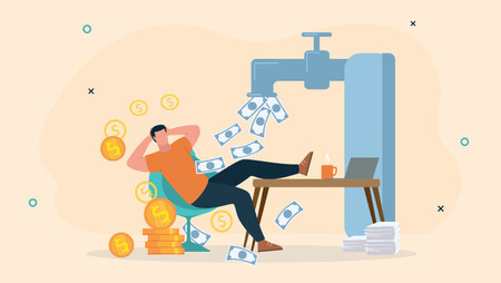 Illustration of a man sitting with his legs up on a desk and a tap pouring money