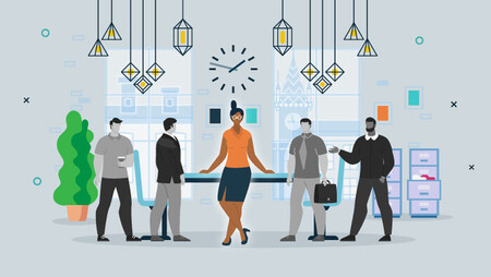 Illustration of a female team leader surrounded by male colleagues in an office