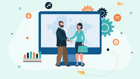 Illustration of two business people shaking hands in front of a large PC monitor depicting the world map