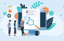 Illustration of two businesswomen shaking hands with a man in front of a large CV and PC monitor