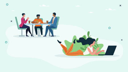 Illustration of a woman lying on the ground with a laptop and a group of people eating lunch