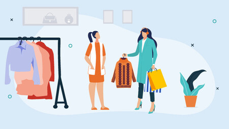 Illustration of a woman buying clothes with the help of a female shop assistant