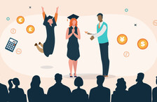 Illustration of graduates receiving their diplomas surrounded by various financial icons and currency signs