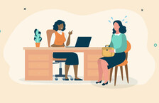 Illustration of a panicked woman being interviewed by a female manager