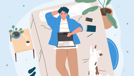 Illustration of a man lying on his bed with his cat and working on his laptop