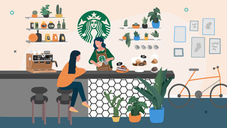 Illustration of woman sitting in a Starbucks shop and a barista 