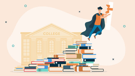 Illustration of a book pile and a student in a cape and a cap holding his diploma