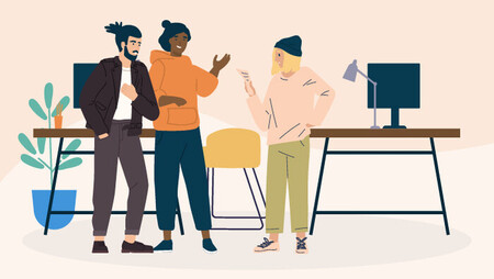 Illustration of a small group of people standing and talking in an office, wearing casual clothes
