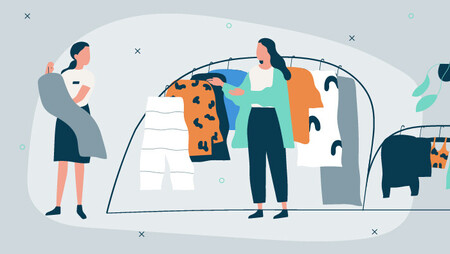 Illustration of two women, a retail assistant and a customer, in front of a clothes rack