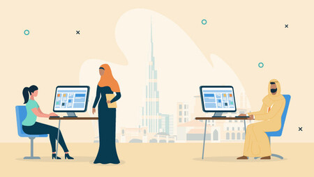 Illustration of people in an office with a backdrop of the Dubai skyline, one woman is wearing a hijab while the other is in front of her desktop computer, there is also a man wearing a thawb, sitting in front of his computer 