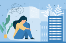 Illustration of a sad woman sitting on the floor holding her knees