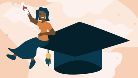 illustration of a woman sitting on an enlarged graduation cap and holding up her diploma