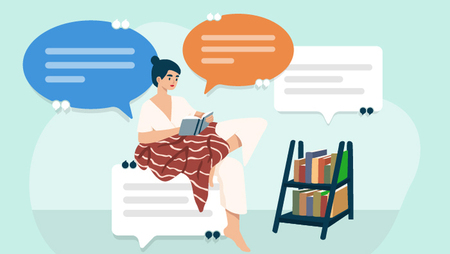 Illustration of a woman reading a book and surrounded by large speech bubbles