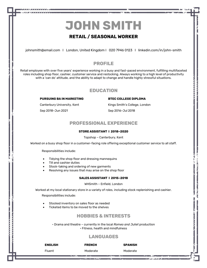 Retail Seasonal Worker Resume Sample