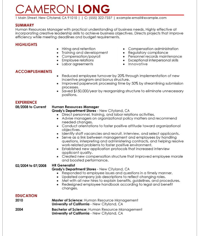 HR manager résumé sample