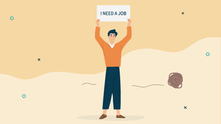 Illustration of a man holding a sign that says "I need a job"