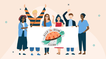 Illustration of six people holding up a poster  with a turtle on it that reads ' Keep the Ocean Clean'