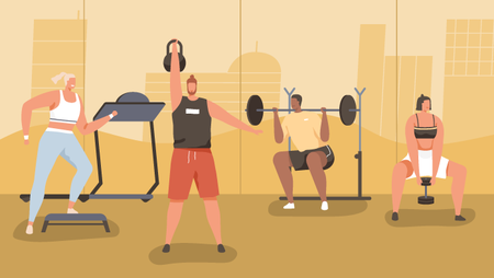 Illustration of four people working out at the gym