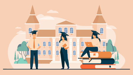 Illustration of three graduates wearing graduation caps and standing in front of a university building