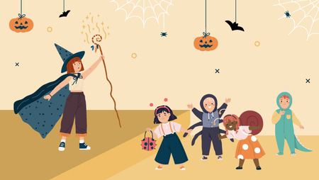 Illustration of a woman dressed in a witch costume holding up a wand and four children dressed in  a bumblebee, tarantula, snail and alligator costume