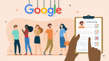Illustration of five people standing below the Google Logo. There is a Clipboard with a paper titled 'internship' on the right side of the illustration