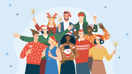 Illustration of a group of people wearing Santa hats and celebrating Christmas