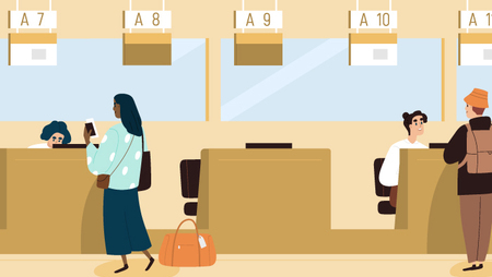 Illustration of a woman checking in at an airport counter