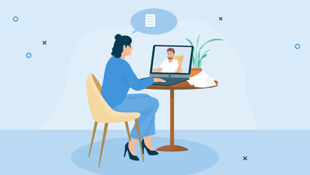 Illustration of a woman sitting at a small round table, in front of her laptop and having a virtual meeting with a man