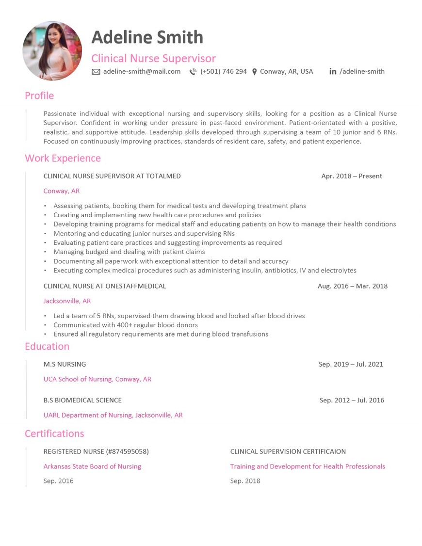 CV/resume template for a clinical nurse supervisor