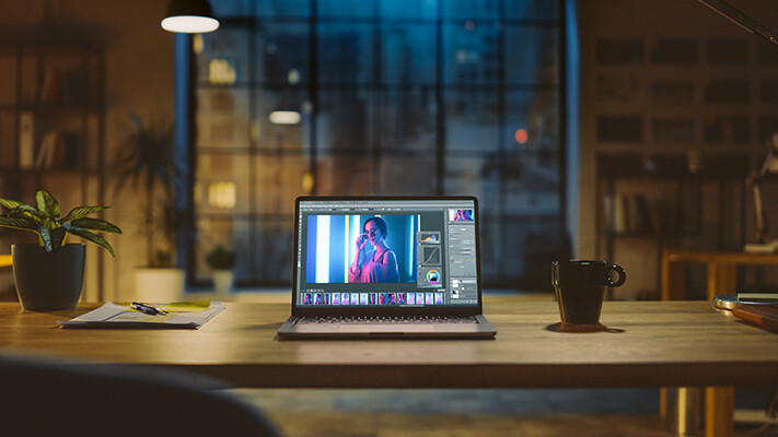 Laptop showing the work of a colorist in the film industry