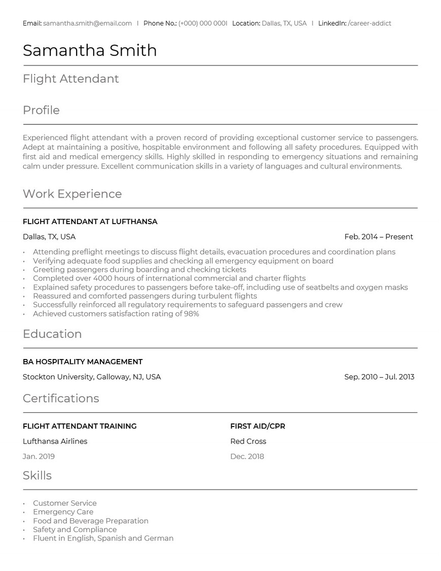 experience for flight attendant resume