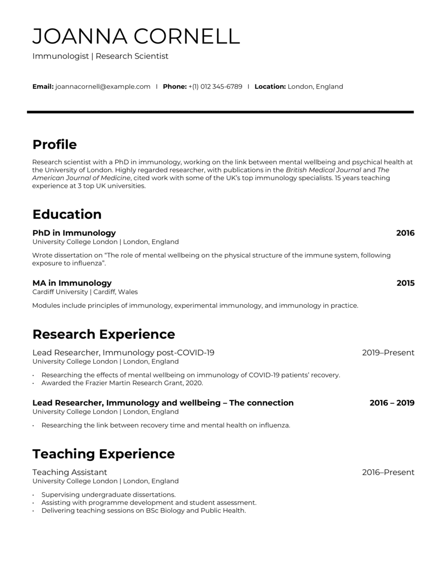 Academic CV example and template