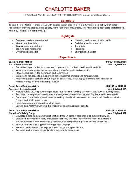 Sales assistant résumé example