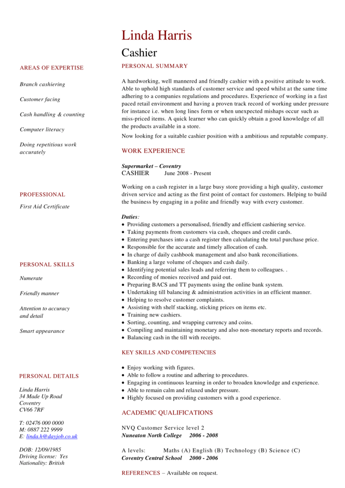 Cashier résumé template example