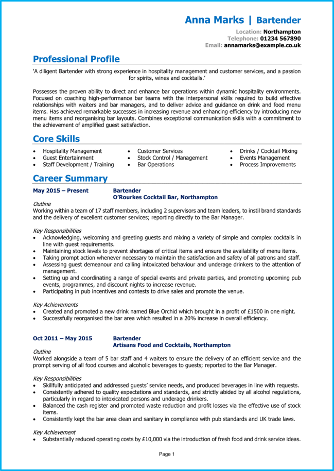 Bartender résumé example